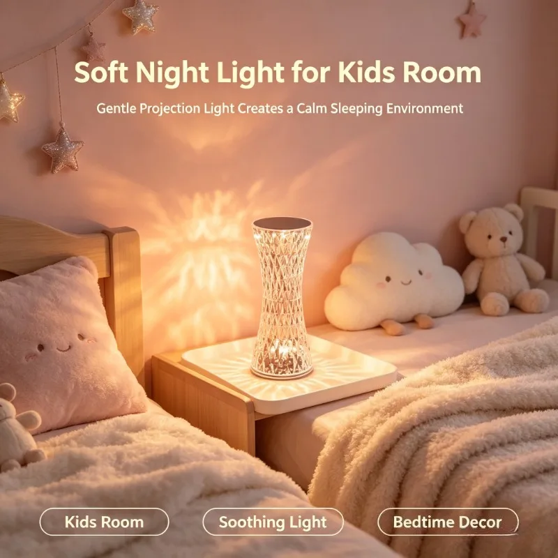 Luxury Crystal Table Lamp, LED Bedside Night Light for Bedroom Living Room Romantic Home Decor