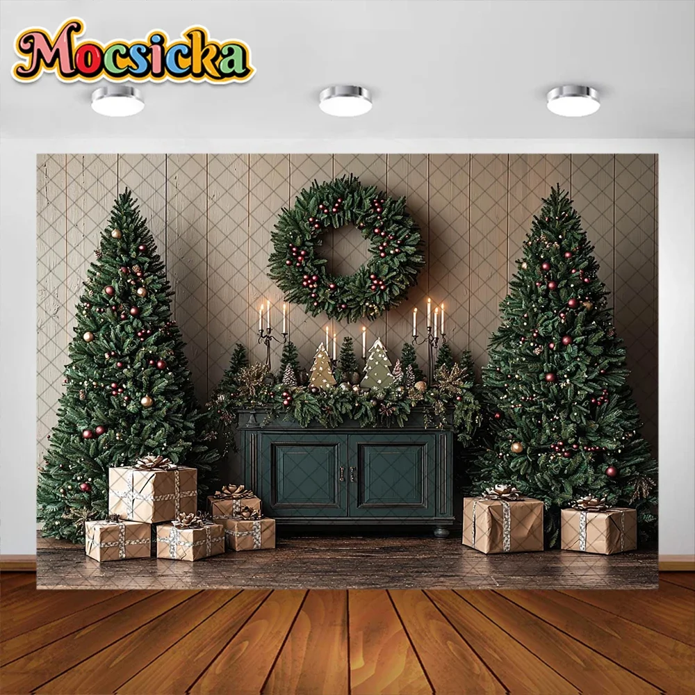 Mocsicka Photography Background Christmas Tree Fireplace Garland Decoration Kids Holiday Portrait Photo Background Studio Props