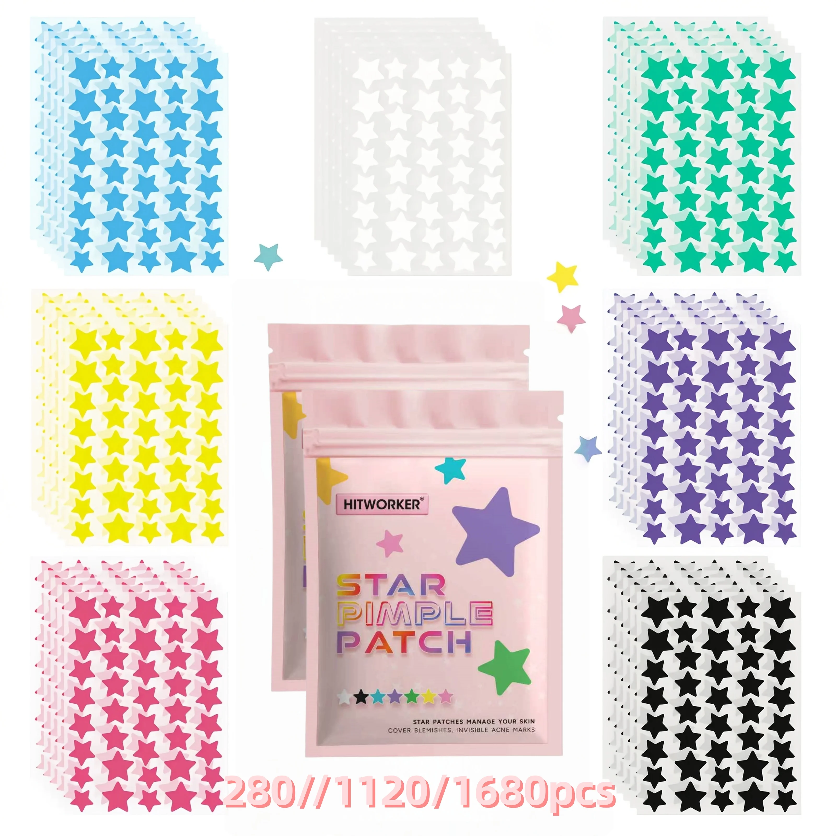 280/1120/1680pcs Seven-Color Star Pimple Patches – Invisible Hydrocolloid Dots for Fun & Gentle Skincare