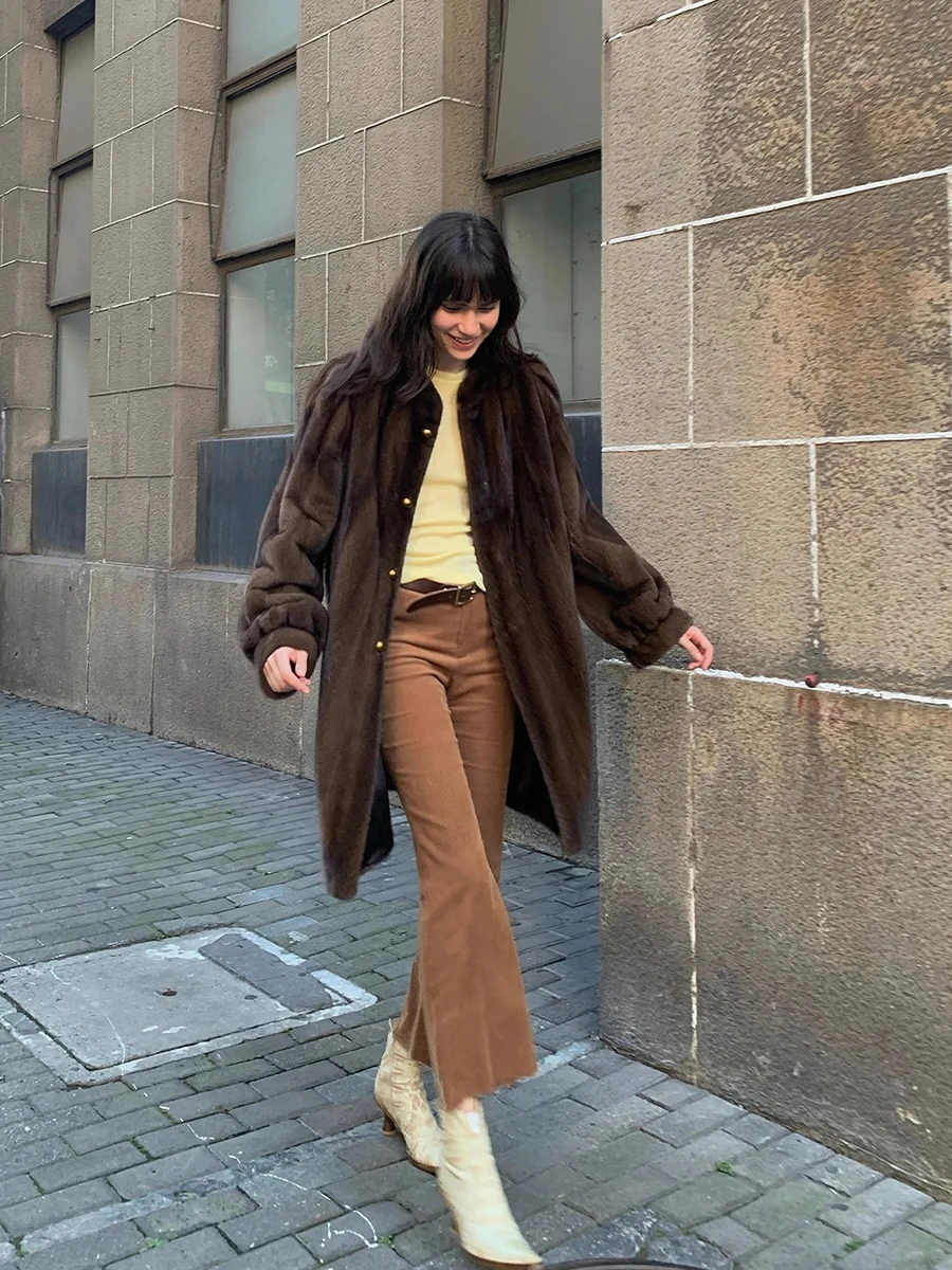 ラウタロ 冬用 高級 エレガント 厚手 暖かい ふわふわ ソフト ブラウン フェイクミンク ファーコート レディース ミッドセンチュリー モダン ヴィンテージ ファーリー オーバーコート