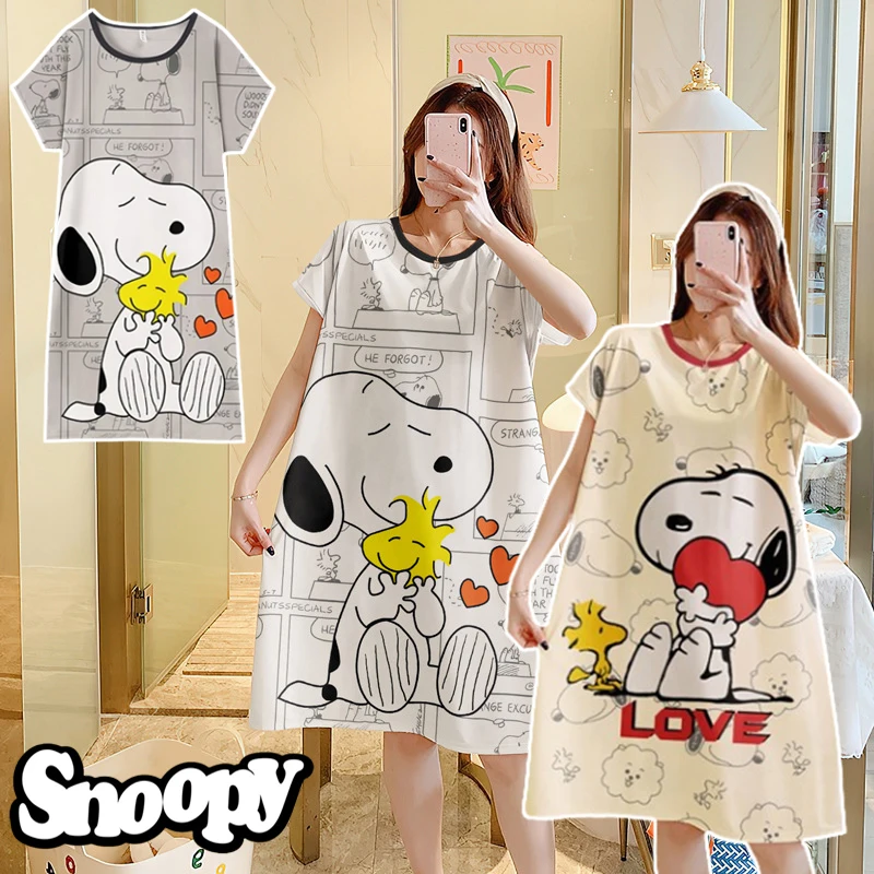 Snoopy Nightgown Cartoon Nightdress Women Anime Loose Short Sleeve Dress Pajama Summer Sleepwear Oversized Long Casual Homewear