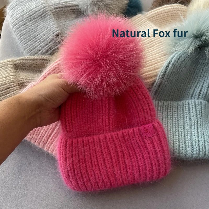 Iceland Travel Natural Fox Fur Pom Pom Hat Fashion Fluffy Stitching Color Winter Beanies Hat for Girl Women Warm Fur Pompom Hat