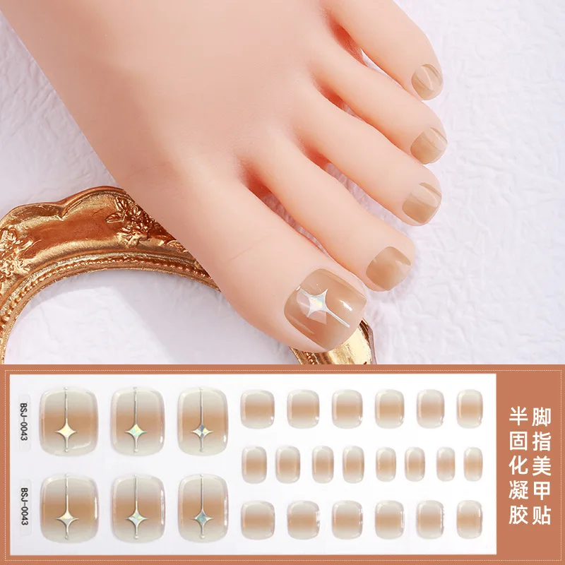 26 Strips Toe Gel Nail Sticker 3D Phototherapy Waterproof Korean Semi Cured Foot Gel Nail Art Wraps Get Hard After the UV Light