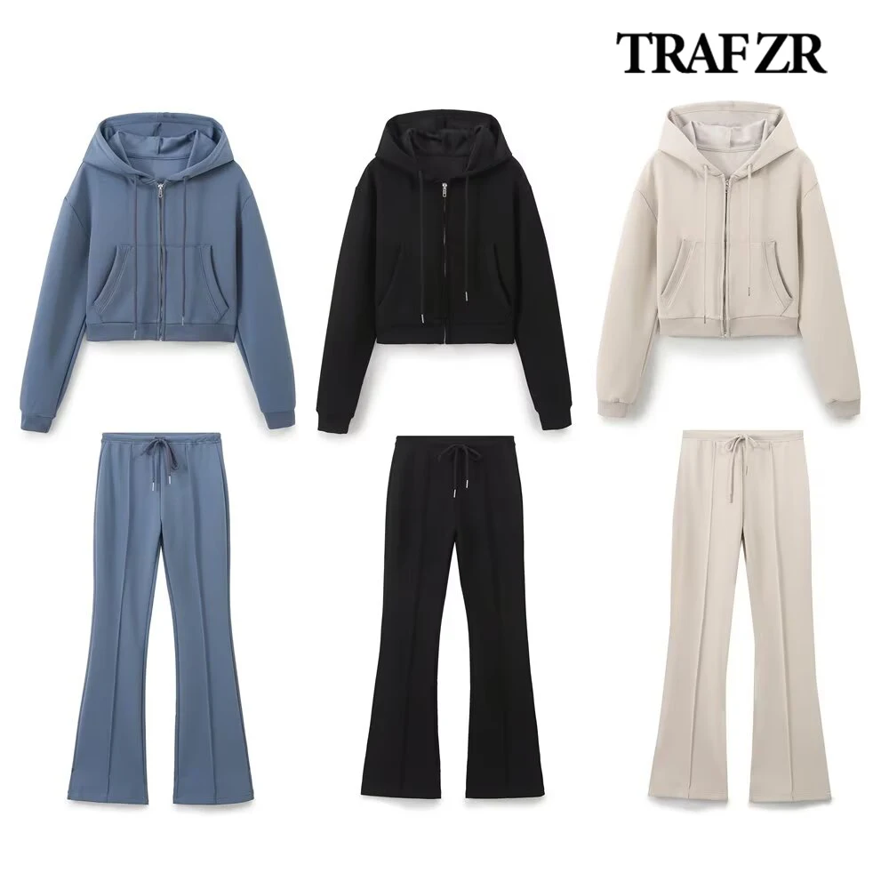 TRAF ZR 2024 Autumn Women\'s 2 Piece Hoodies Set Casual Flare Trousers Sets Interlock Cropped Sweatshirt Plush Front Seam Pants