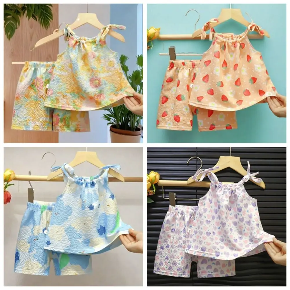Sleeveless Top Girls Sling Shorts Set Elastic Waistband Floral Print Waistcoat Skirts Textured Surface Two Piece Set Vest Skirt