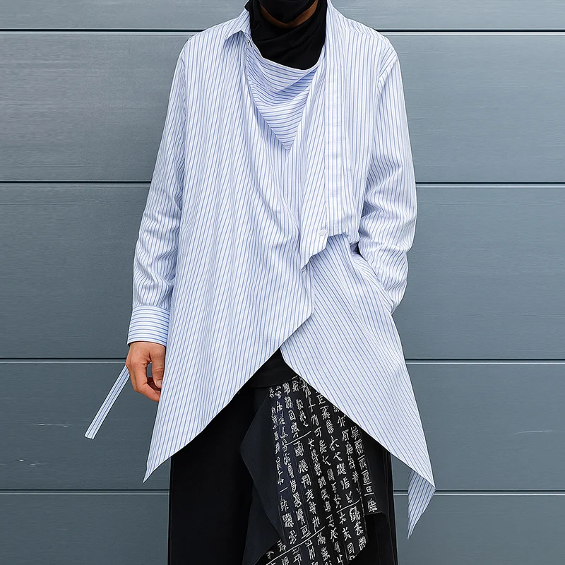 

INCERUN Мужская рубашка нестандартной формы в полоску с длинным рукавом, мужская одежда больших размеров, уличная одежда в корейском стиле, 2025 г., повседневные мужские длинные стильные рубашки