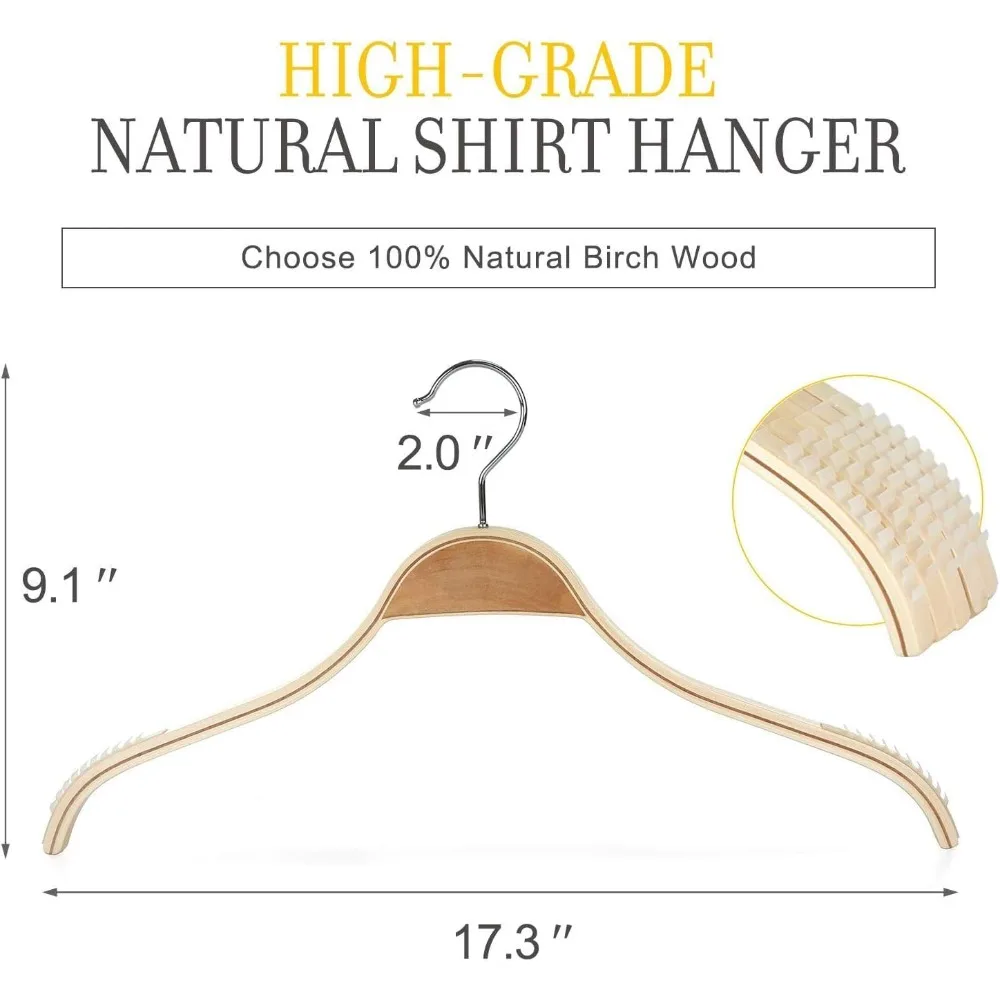 Slim Natural Wood Hangers with Extra Soft Non-Slip Rubber Grips, 30-Pack High-Grade Fashion Hanger No Shoulder Bump for Sweaters