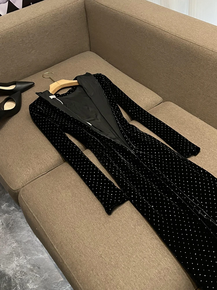 فستان سهرة أنيق من المخمل مع ذيل وياقة عالية، أزياء نسائية عصرية للتنقل في المدينة، تصميم أساسي بخصر متوسط، تنورة من مواد أخرى