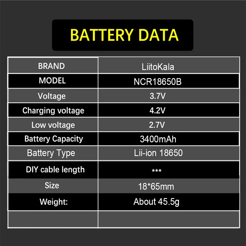 LiitoKala-Lithium Rechargeable Battery for Flashlight Batteries, Original NCR18650B 3.7V 3400mAh 18650, 4.2V