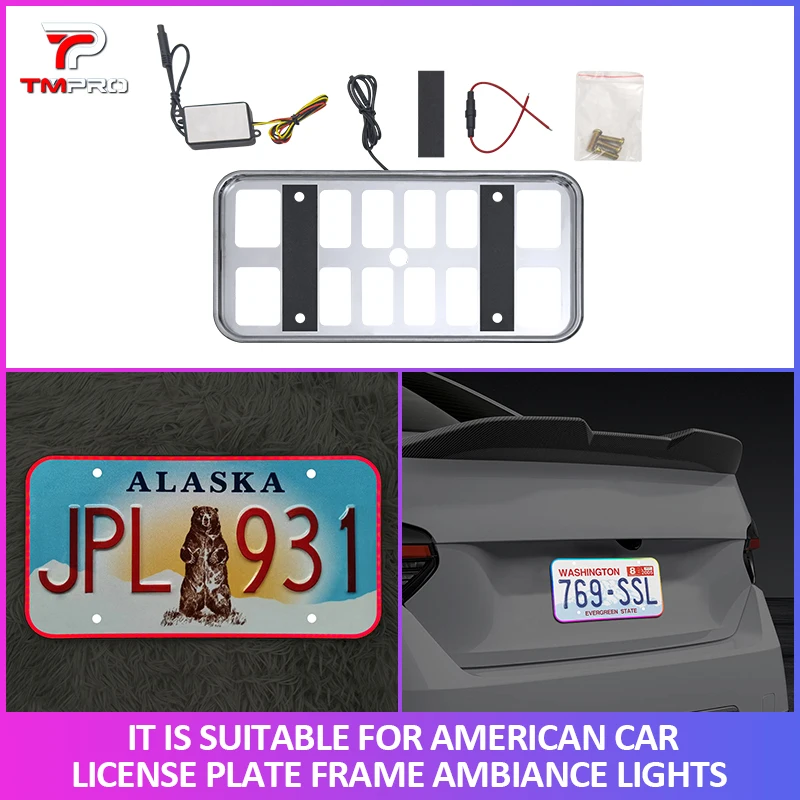 TMPRO APP Controlled LED Ambient Light US License Plate Frame With Laser Engraving & Brake Red Flash Function for cars
