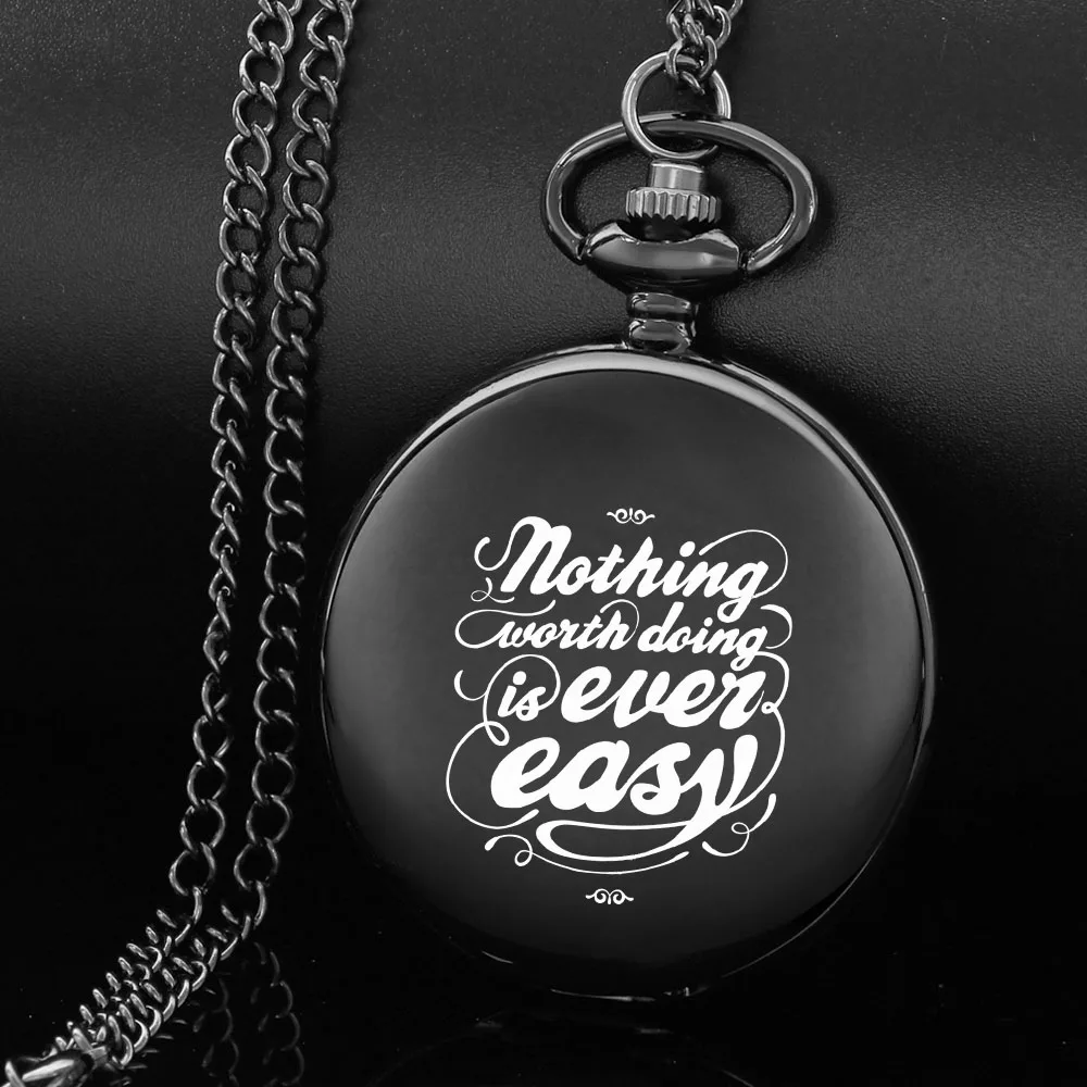 

The Motivational quote design carving english alphabet face pocket watch a chain Black quartz watch perfect gift