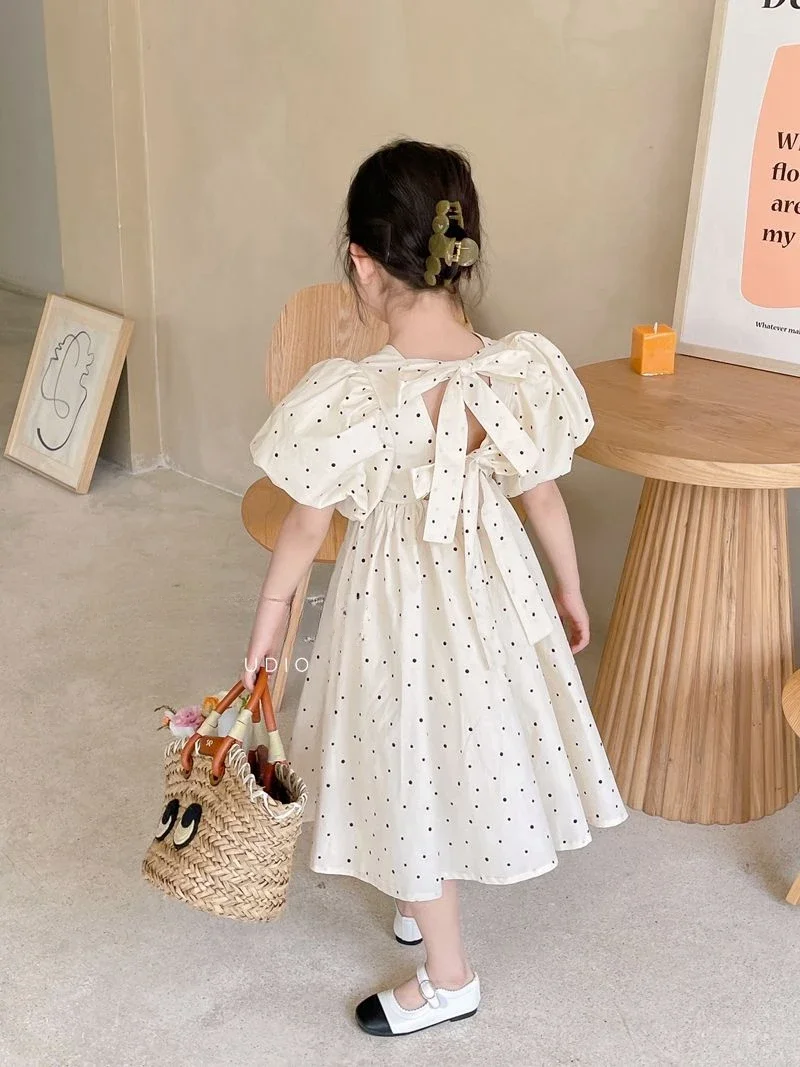 Girls Korean Version Backless Dress 2024 Summer New Baby Bubble Sleeve Princess Dress White Gentle And Temperament Dress