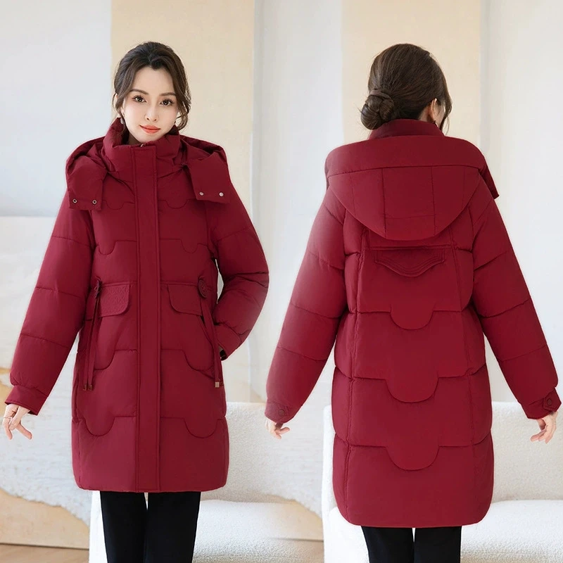 

Зимняя куртка оверсайз для женщин среднего возраста, НОВИНКА, свободное пальто-парка из хлопка с капюшоном, повседневная теплая верхняя одежда