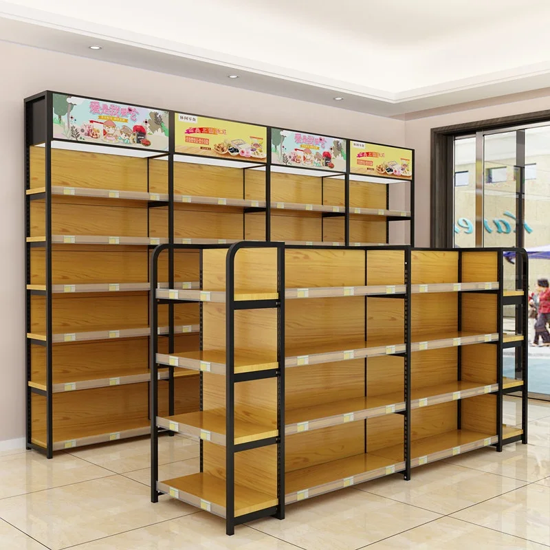 Custom.High Quality Store Metal Display Rack Equipment  Shelf Display  Gondola Display Racks Supermarket Wooden Grain Shelves