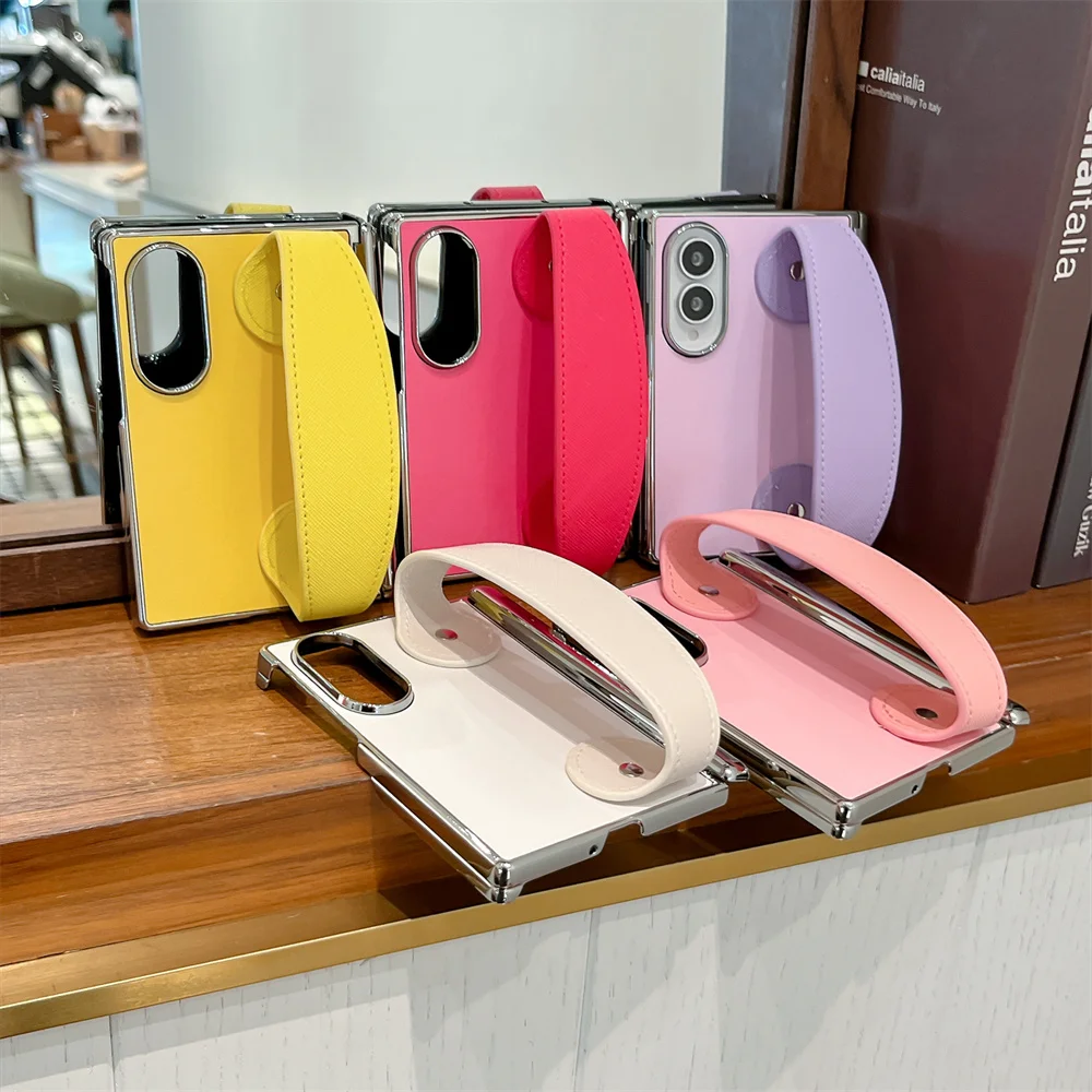 Luxury PU Leather Wrist Strap Phone Case For Samsung Galaxy Z Fold 8 Frame Full‑Cover Shockproof Anti‑Drop Protective Hard Shell