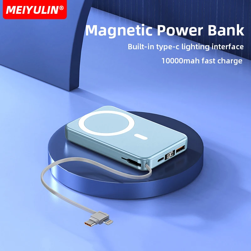 

10000mAh Magnetic Wireless Power Bank 15W Fast Charger Built-In Cable External Auxiliary Battery For iPhone 14 15 Xiaomi Samsung