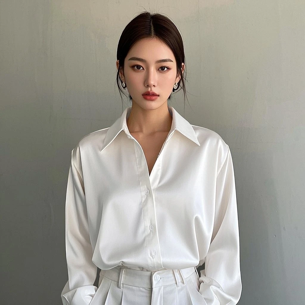 韓国オフィスレディトレンドカジュアルシャツエレガントなブラウス女性のためのサテンマルチカラーベーシックスリムシャツ固体オールマッチトップフレンチ新