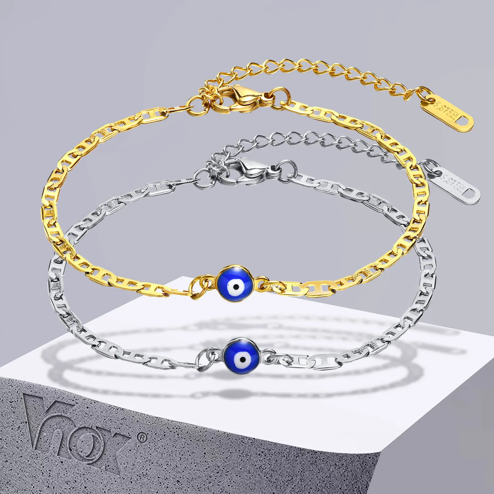 Vnox  Gold Color Tone Flat Marina Chain Bracelets for Women, with Evil Blue Eye Charm Amulet Jewelry, Length Adjustable