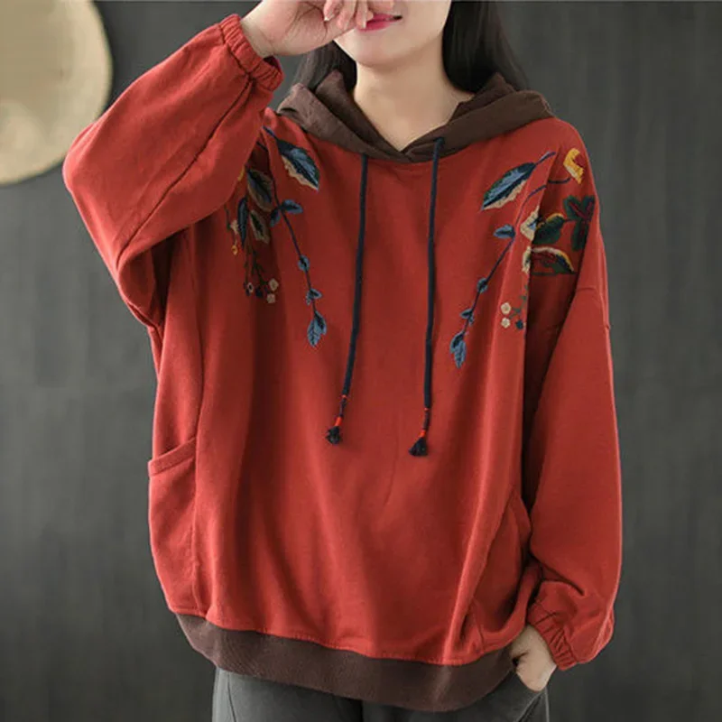 

Fashion Hooded Pockets Folds Embroidery Hoodies Female Clothing Autumn Casual Tops Loose Commute Sweatshirts JJ88