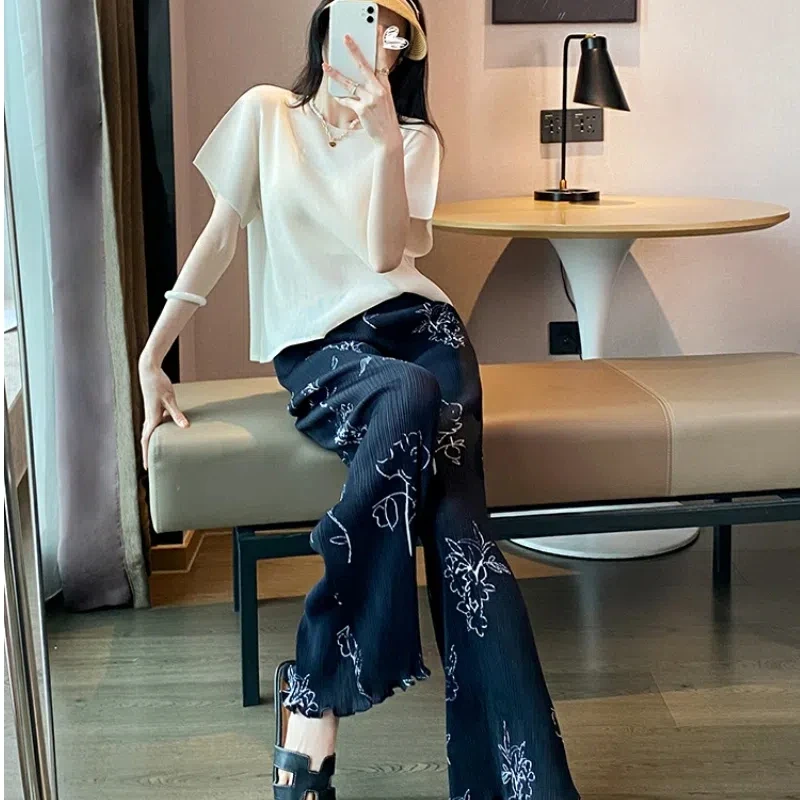 Women's Clothing Floral Printing Contrast Color Elastic Pockets High Waisted Casual All-match Trousers Wide Leg Commuter Pants