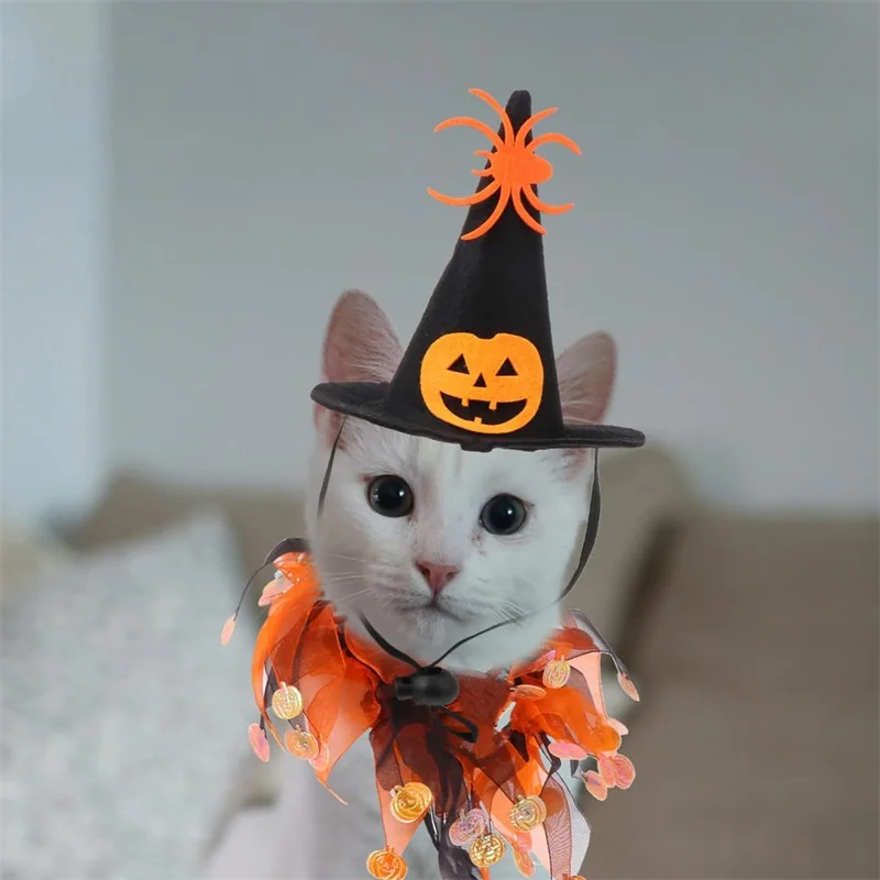 2Pcs Cute Halloween Cat Costumes Cosplay Cloak Witch Hat For Small Dog Cat Kitten Scarf  Halloween Pumpkin Pet Clothes