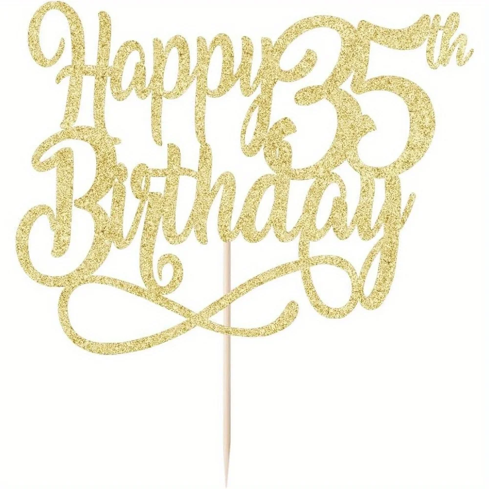 1 Stück goldener Glitzer-Tortenaufsatz „Happy 35th Birthday“, „Cheers to 35 Years“, „Happy 35th Birthday“-Tortenaufsatz, 35. Jahrestag – Detail 5