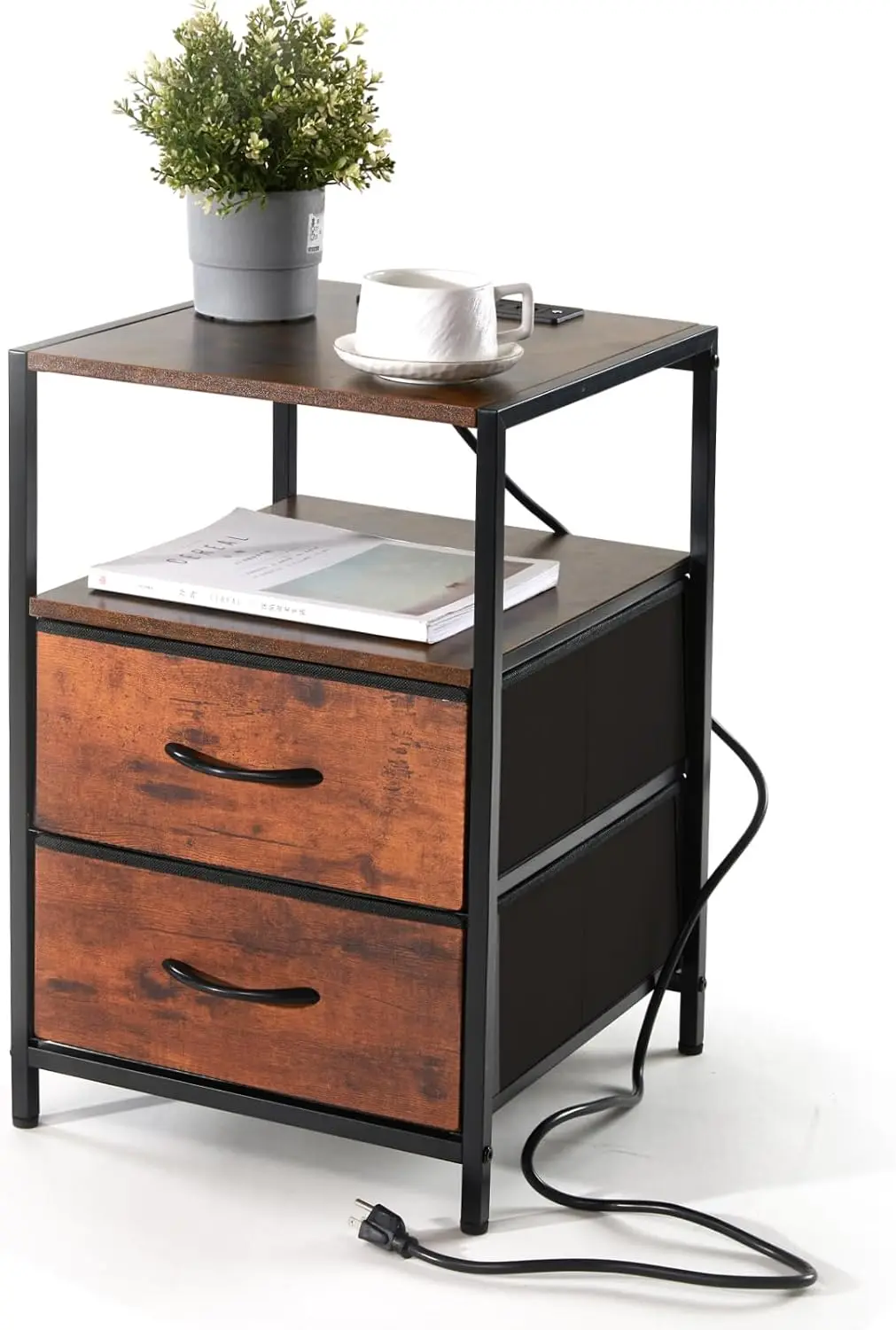 

Nightstand With Charging Station Side End Table With Usb Ports And Outlets Bedroom With Fabric Drawers With Open Shelf Modern