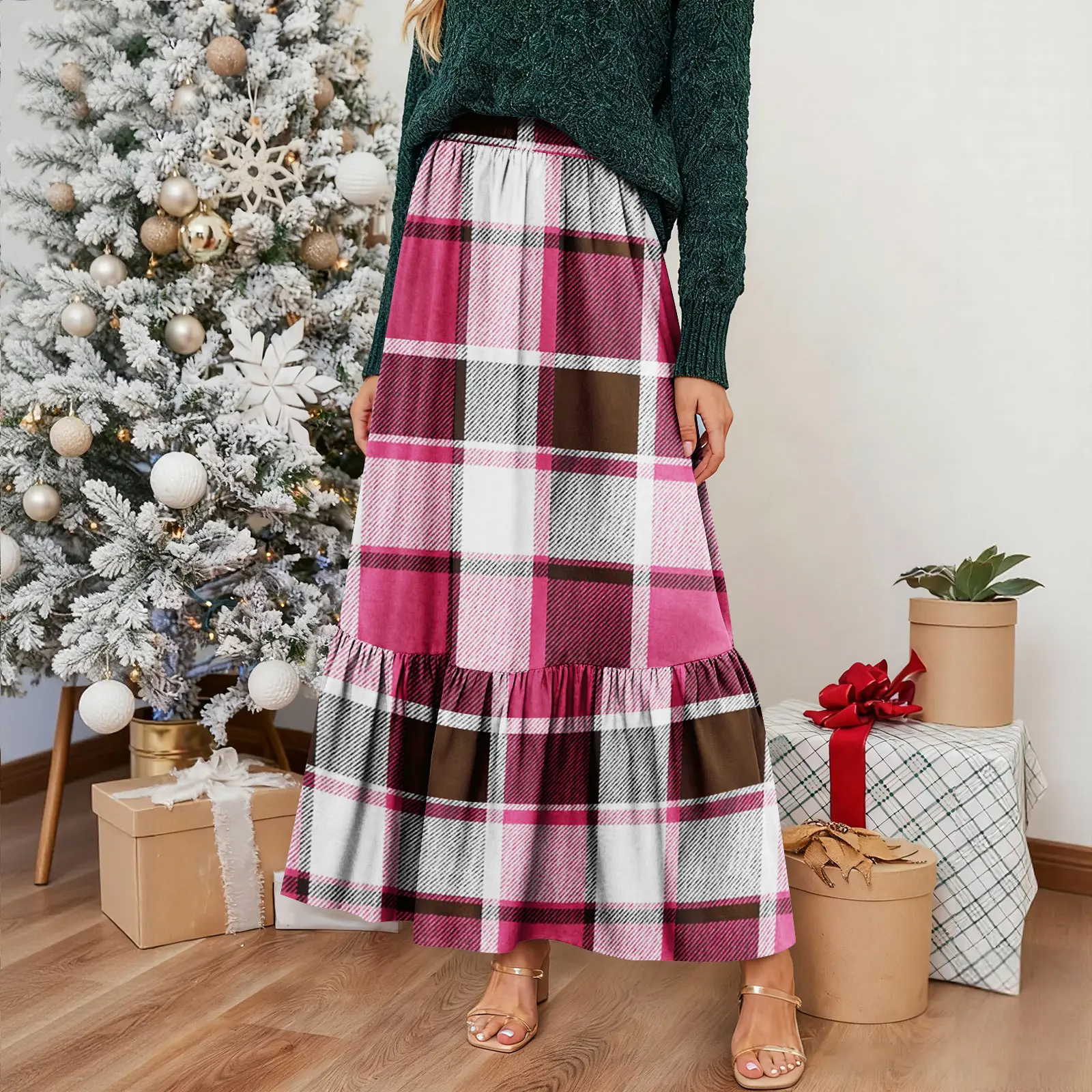 Winter Plaid Woolen Skirt Women's Mid-length A-line Ruffled Skirt Ladies High Waist Cotton Blend Pleated Long Skirt