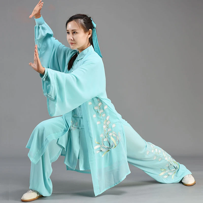Custom Long Orchid Embroidery Tai Chi Suit, Unisex Flowy Lightweight Ice Silk Chinese Style Performance Wear for Summe