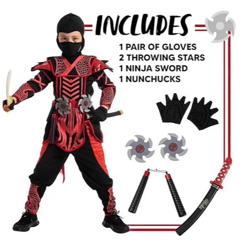 

✦2026Gold Ninja Costume Boys Halloween Japanese Samurai Cosplay Costumes Ninja Jumpsuit with Ninja Foam Accessories Party Clo%1~