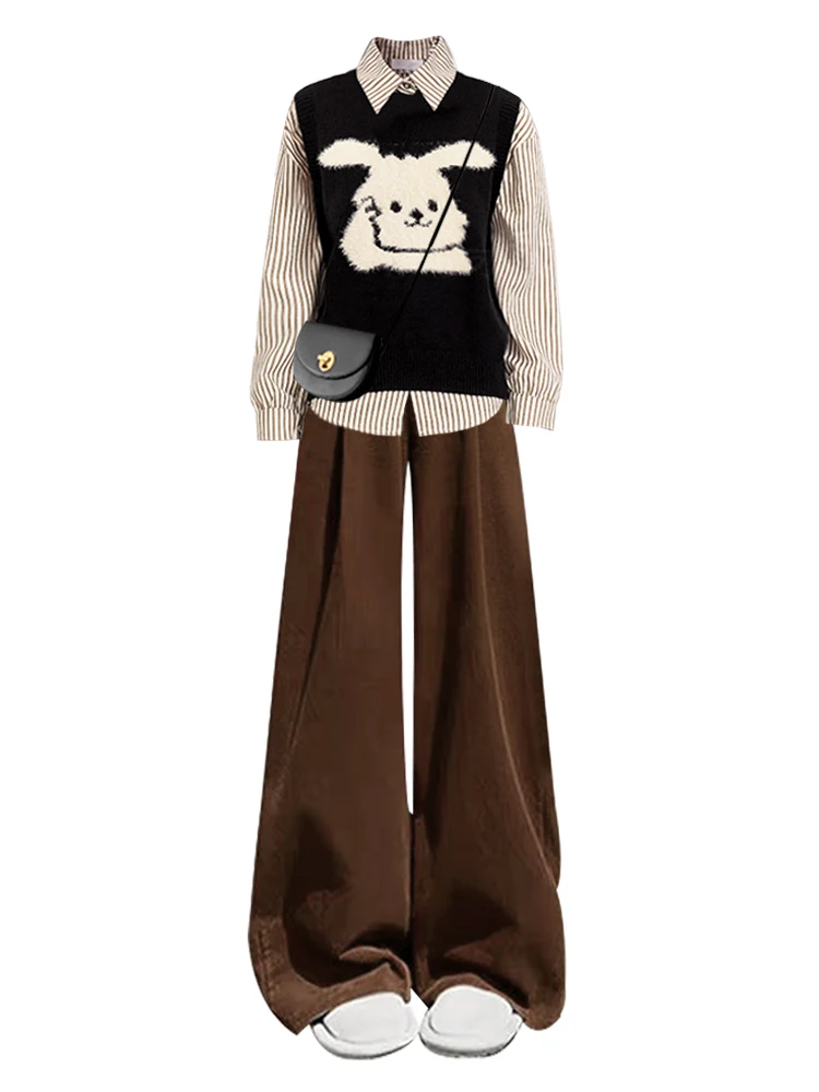 초가을 디자인 토끼 프린트 니트 조끼 여성용 스트라이프 커피색 와이드 레그 캐주얼 팬츠 티 세트 패션 앙상블