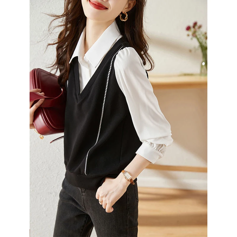 2023 Spring New Fashion Korean Simple Style Patchwork Tops Blouses for Women Casual Long Sleeve Slim Fake Two Pieces Sweet Shirt