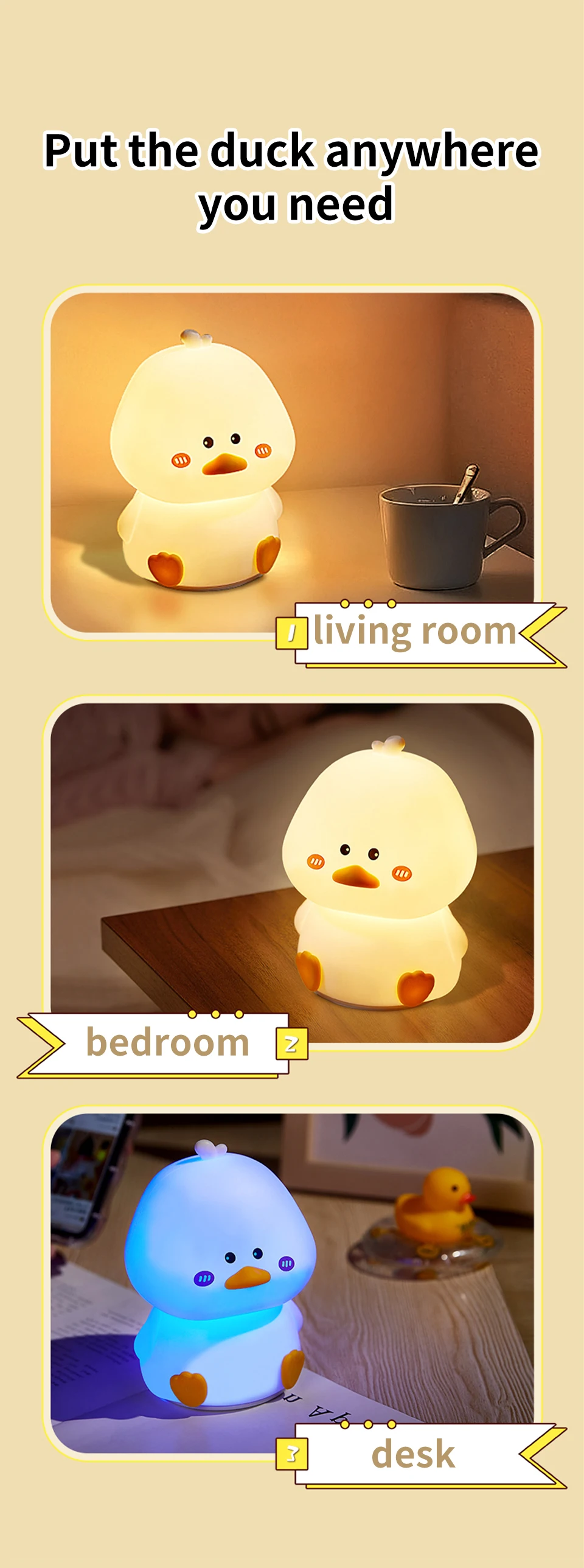 Rechargeable LED Night Light Duck Patting Silicone Lamp Cute Children Nightlights for Home Bedside Room Decor Birthday Gift
