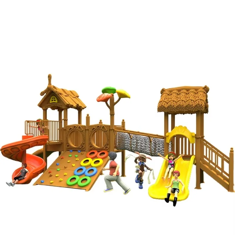 2026  Kindergarten Wooden Plastic Slide Climbing Wall Assembled Cartoon Children Outdoor Playground