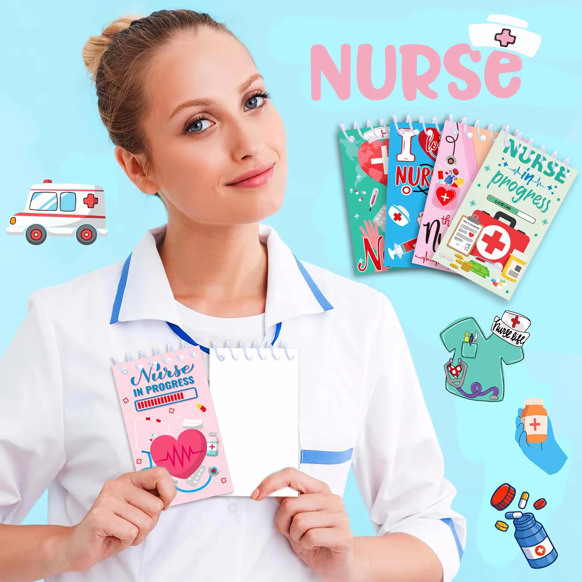 8pcs Nurse Day  Mini Notebook 8 Design Notepads Spiral Pocket Notebooks for Nurse Day Party Decoration