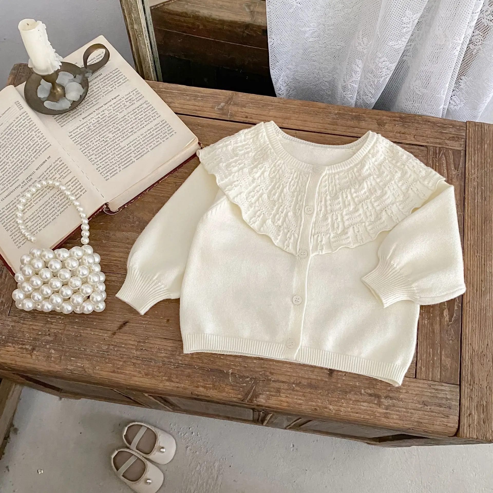

2025 Fall Baby Girl Knit Cardigan Korean Style Big Lapel Collar Princess Outfit Soft Cotton Coat 0 To 4 Years