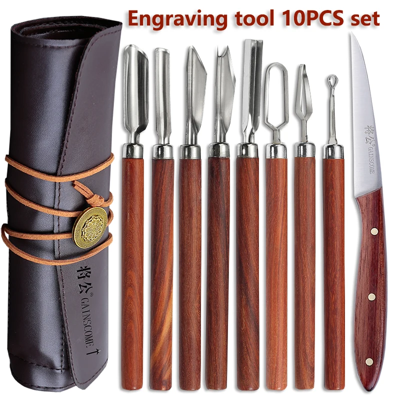 GAINSCOME Chef Carving Knife 10 PCS Set Stainless Steel U-Shaped V Poke Knife O Pull Carving Knife Free Leather Sheath Sharp