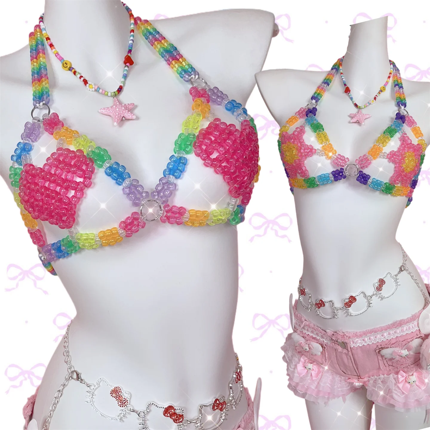 Top de bikini con cuentas, estilo Y2K, para festival de música, con diseño de flores coloridas y motivos de amor, estilo dopamina, moderno y dulce, para la playa.