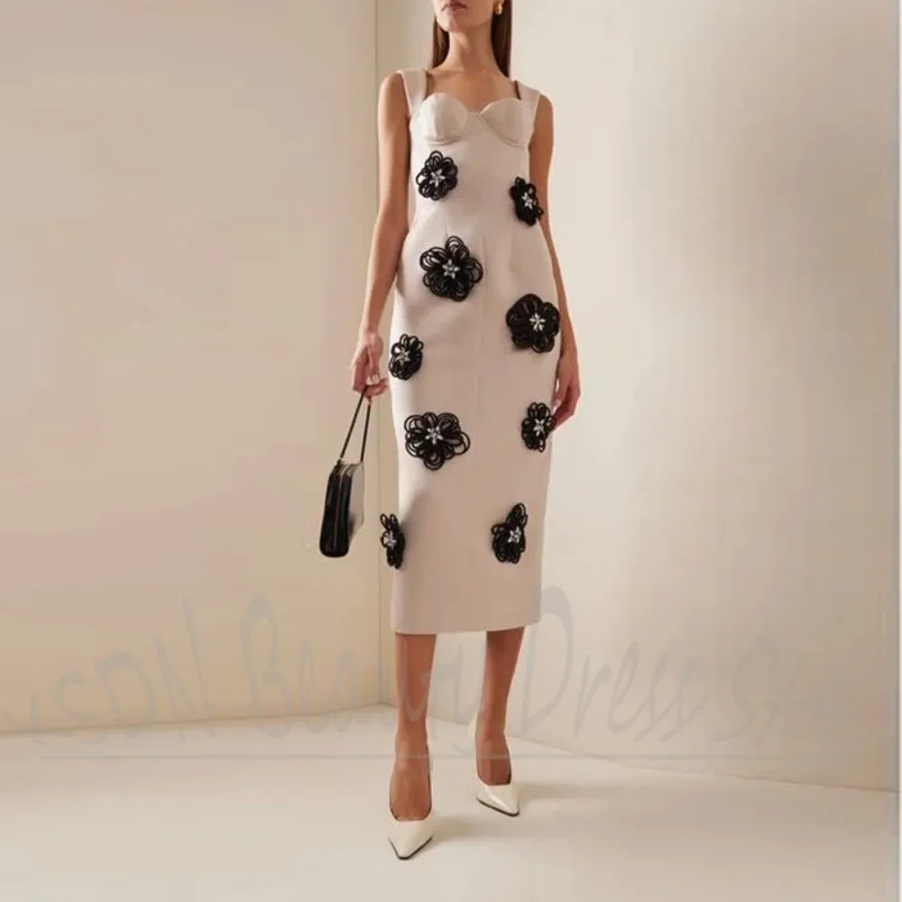 

3D Flowers Women Dresses Elegant Sweetheart Neck Straight Party Gowns Chic Sleeveless Mid-Calf Length White Evening Dresses