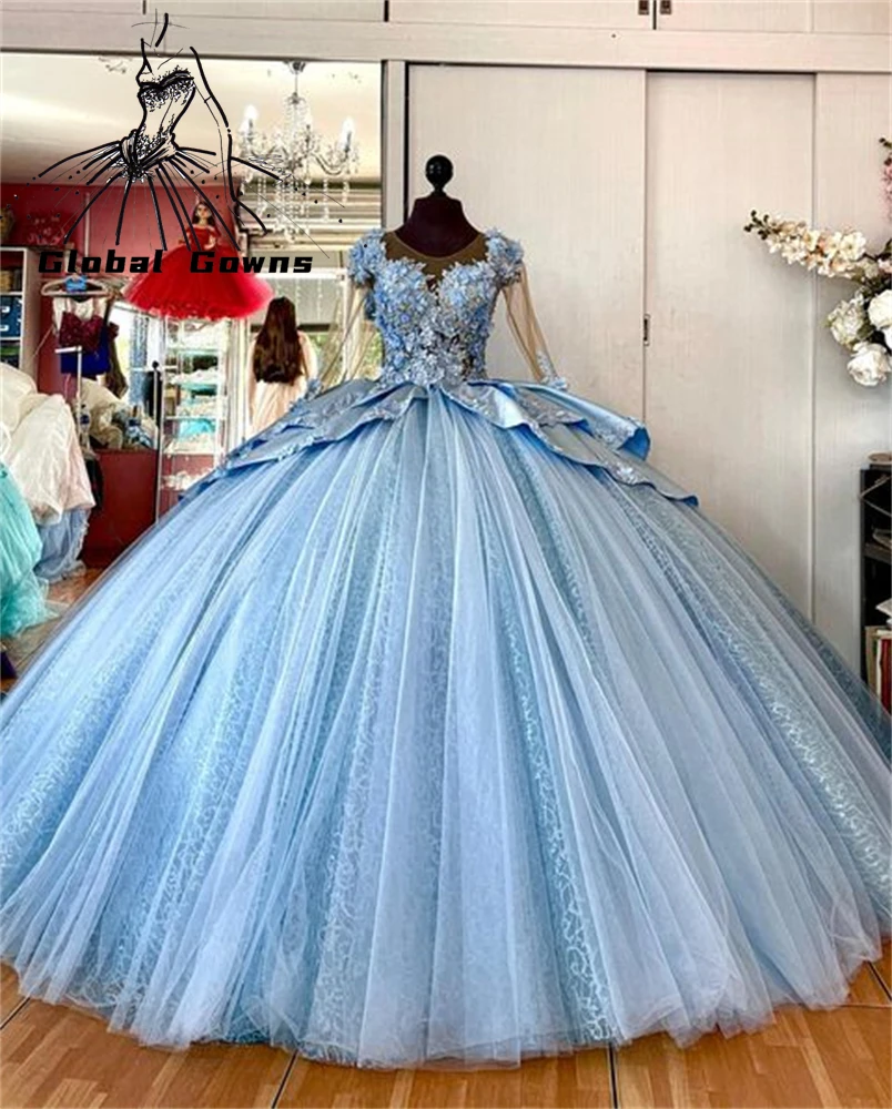 Cinderella Sky Blue Sweetheart Ball Gown 3D Flowers 15 Years Old Quinceanera Dresses 2024 Beaded Long sleeve Customized