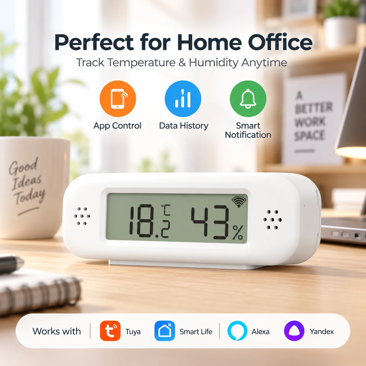 WiFi Tuya Temperature Humidity Sensor, Smart Home Hygrometer Thermometer, APP Remote Alarm, Support Alexa Yandex Google Home