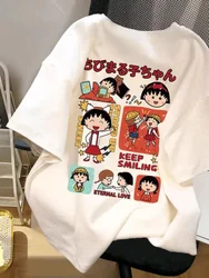 Japanese cartoon maruko short-sleeved T-shirt women's summer new loose round neck plus size cotton white half-sleeved shirt