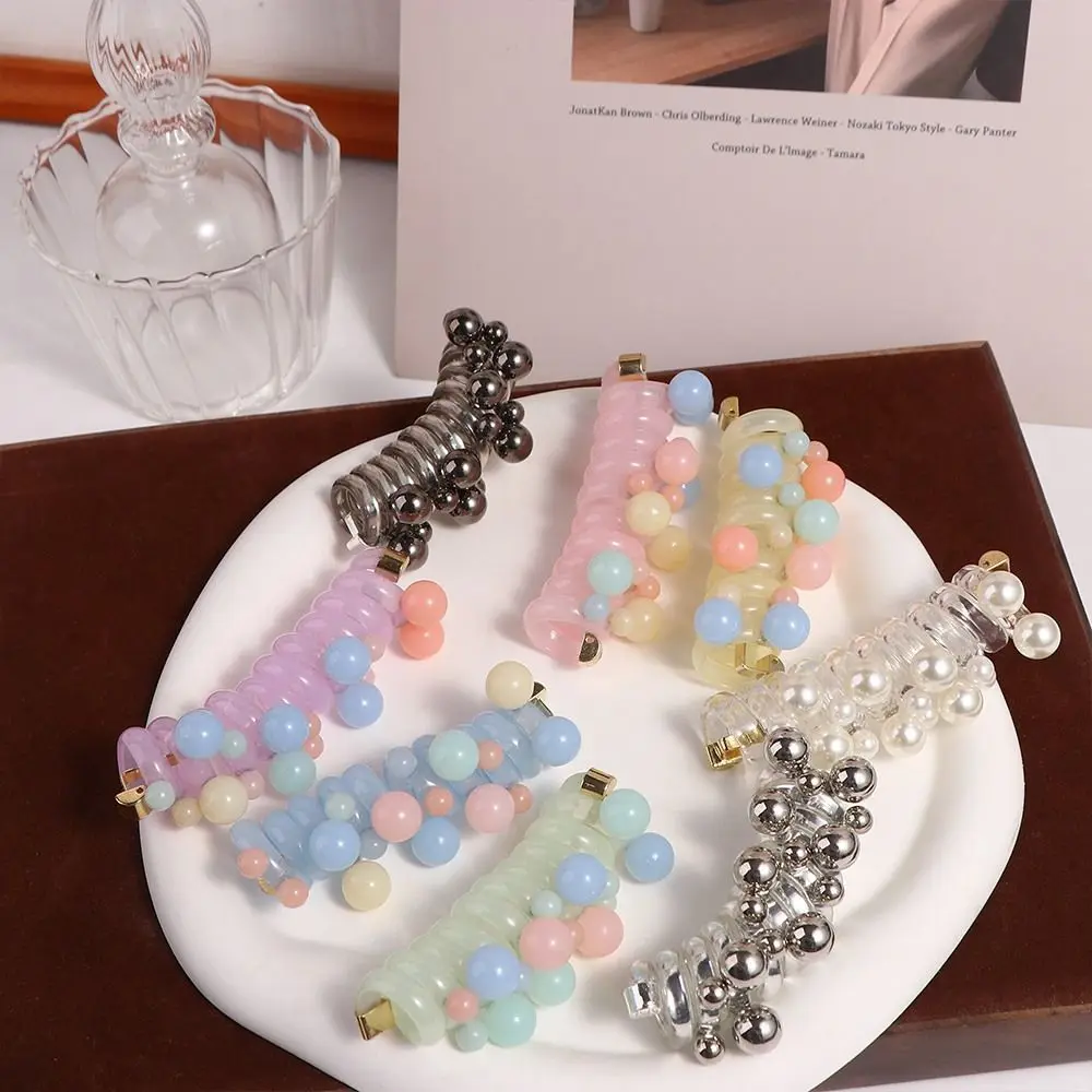 

Fashion Beads Telephone Line Hair Rope Straight Elastic Transparent Ponytail Holder Scrunchies Rubber Band Pearl Hair Ring Daily