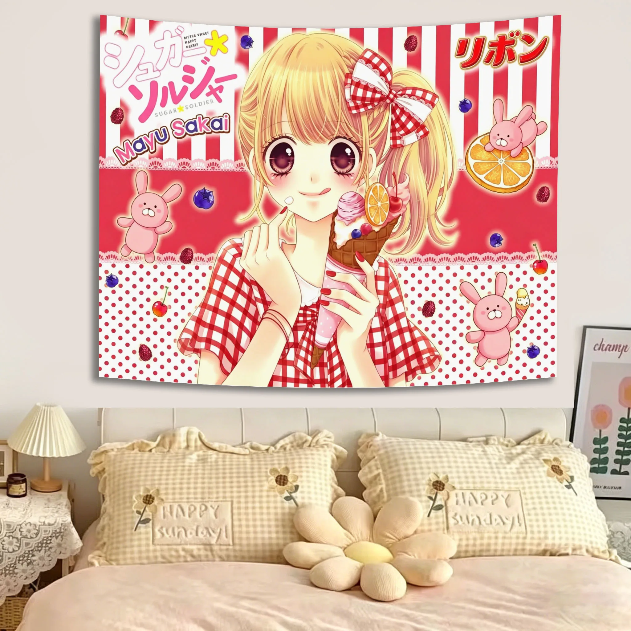 VIKAMA Kawaii Sugar S-Soldier Anime Girls Tapestry Pastel Striped Background Wall Hanging for Girls Bedroom Decor Moe Girl Decor