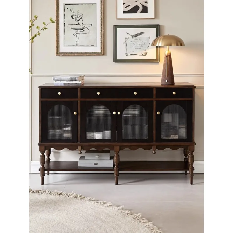 French Retro Solid Wood Engraved Porch Cabinet Foyer Partition Black Dining Side Cabinet Household Locker