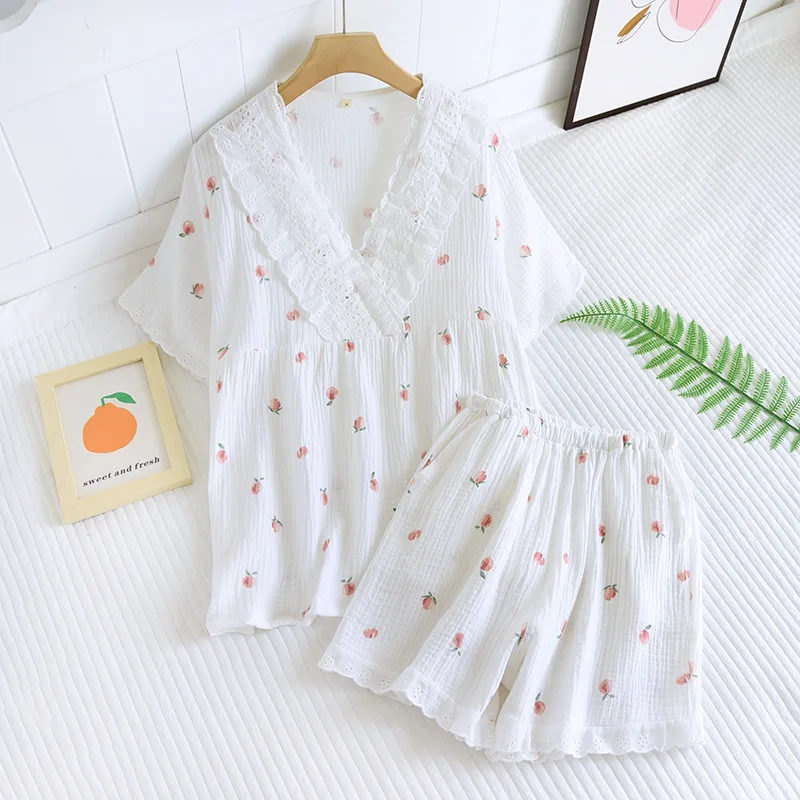 Japanese summer new women\'s pajamas short-sleeved shorts two-piece set 100% cotton crepe V-neck large size homewear suit women