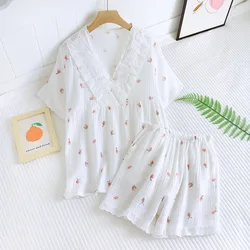 Pyjama japonais d'été à manches courtes pour femmes, ensemble deux pièces 100% coton, en crêpe, col en v, grande taille, vêtements de maison, nouvelle collection