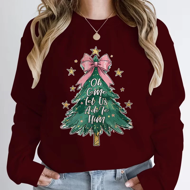 Womens Christmas Sweatshirt Colorful Christmas Tree with Bow Trending Sweatshirts Merry Christmas Tree Cartoon Classic Hoodies