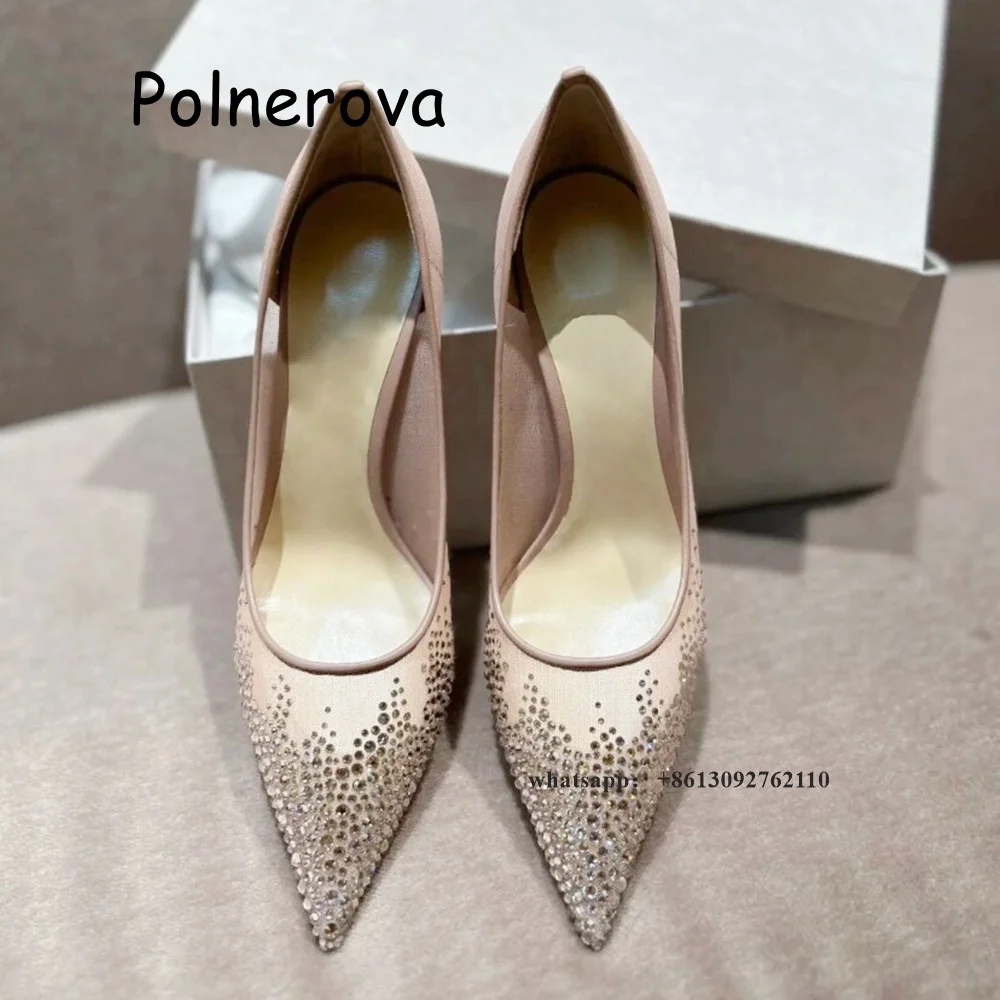 Rhinestone Pointed Toe Pumps Thin Heels Women's Shoes Mesh Solid Shallow Summer Party Casual Sexy Slip On Runway Show Shoes