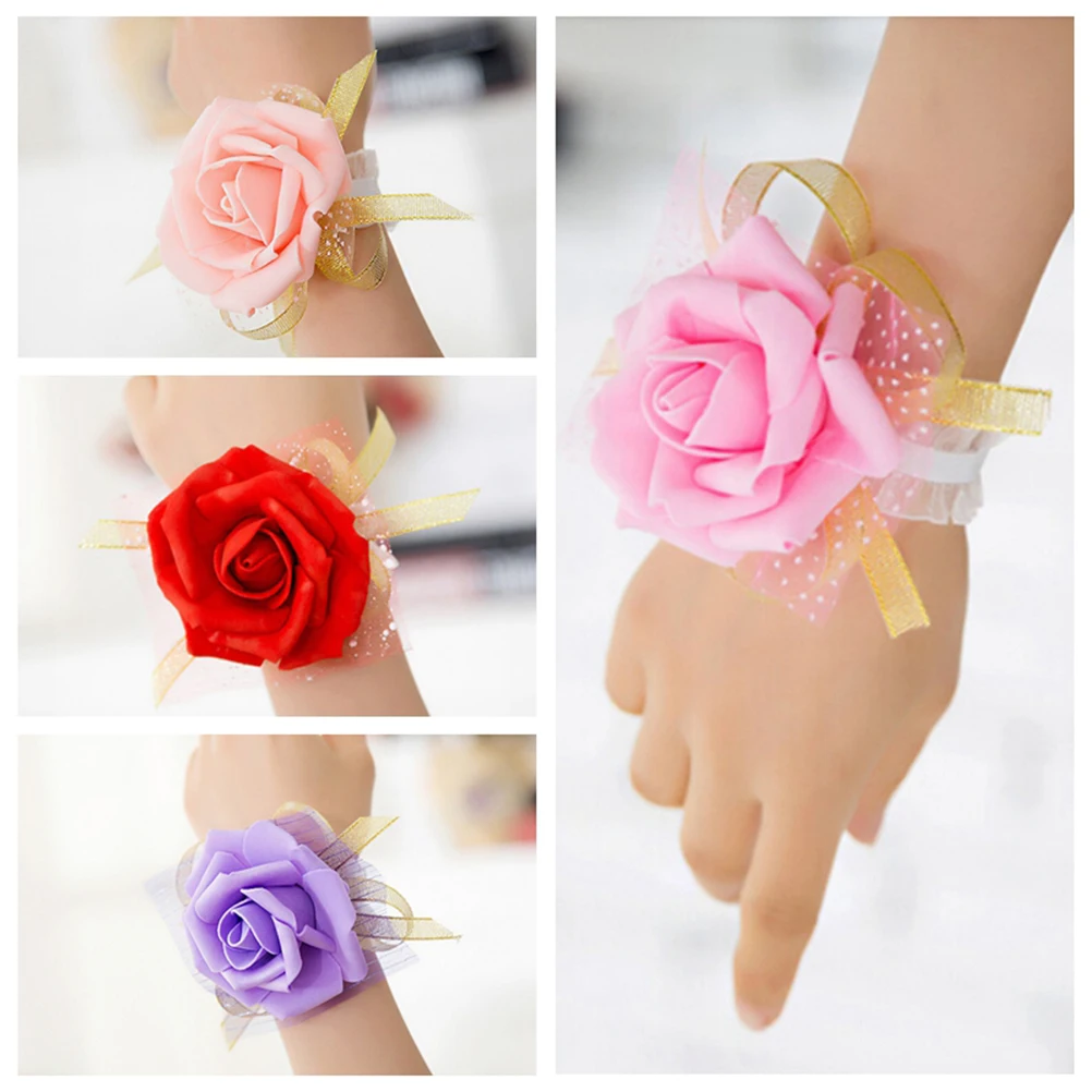 [New] New Bridesmaid Wrist Corsage Wedding Party Rose Bracelet Silk Flowers Ribbon